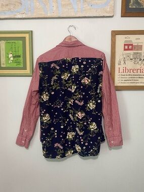 Upcycled JCrew Mixed Floral Back & Red Gingham Button-Down Shirt